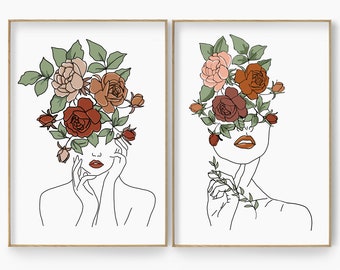 Flower Head Woman Line Art, Set of 2 Prints, Abstract Line Draw Woman, Head of Flowers Print, Flower Female Wall Art, Female Line Art Poster