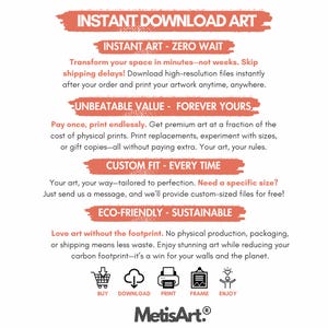 Puede incluir: Una imagen promocional para arte de descarga instant&aacute;nea, con texto sobre un fondo blanco. El texto destaca beneficios como cero tiempos de espera, valor inmejorable, ajuste personalizado y pr&aacute;cticas ecol&oacute;gicas. Tambi&eacute;n se incluyen iconos para varias acciones.