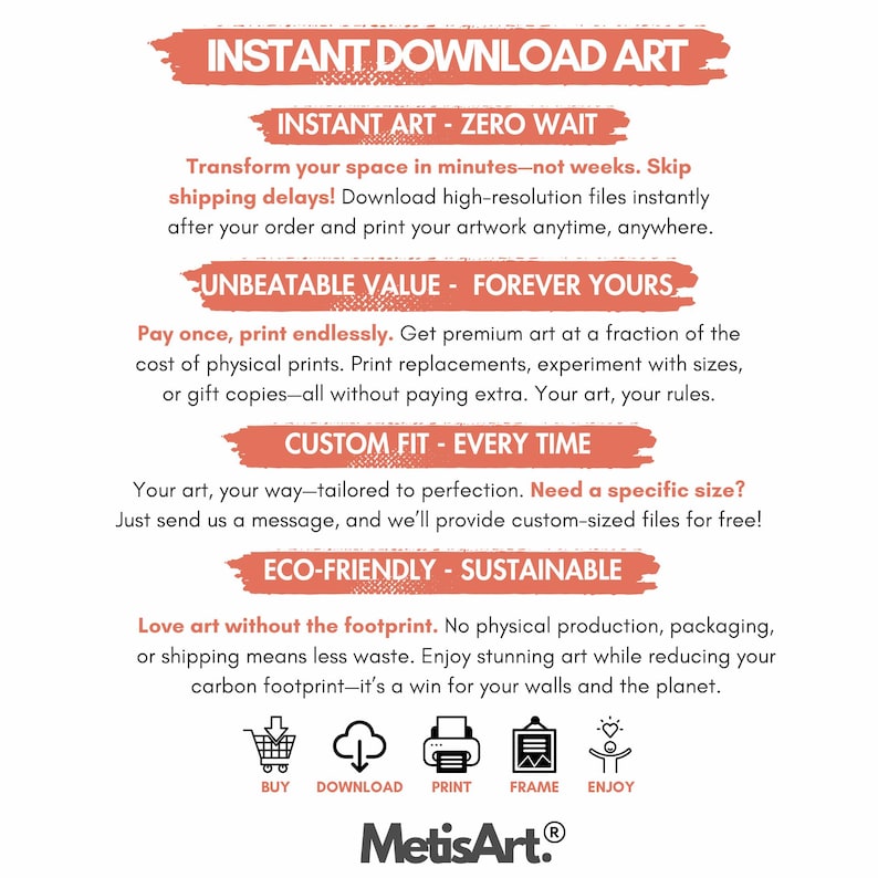 Puede incluir: Una imagen promocional para arte de descarga instant&aacute;nea, con texto sobre un fondo blanco. El texto destaca beneficios como cero tiempos de espera, valor inmejorable, ajuste personalizado y pr&aacute;cticas ecol&oacute;gicas. Tambi&eacute;n se incluyen iconos para varias acciones.