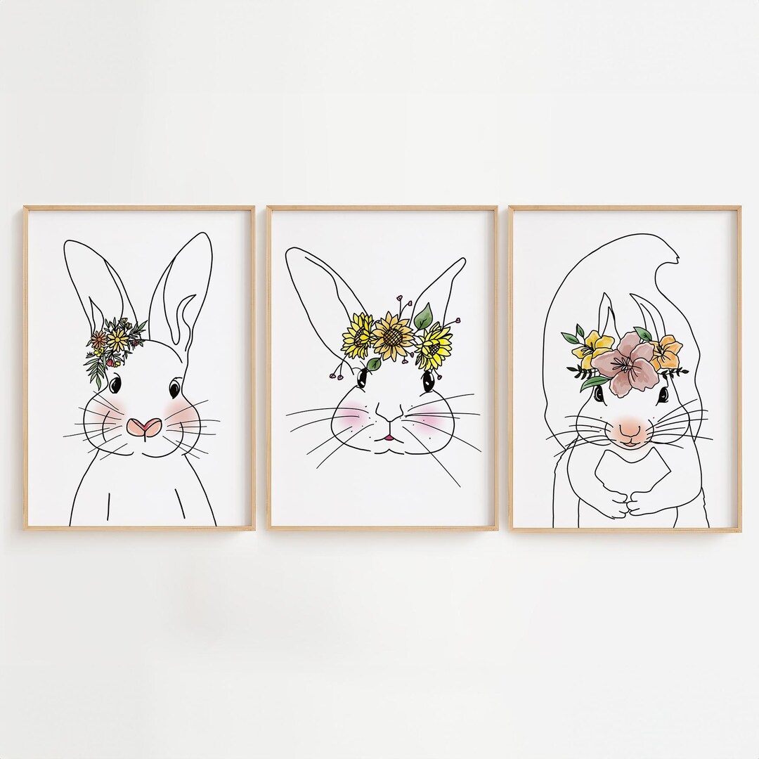 Bunny Nursery Prints Set of 3: Baby Animal Art, Flower Crown Decor ...