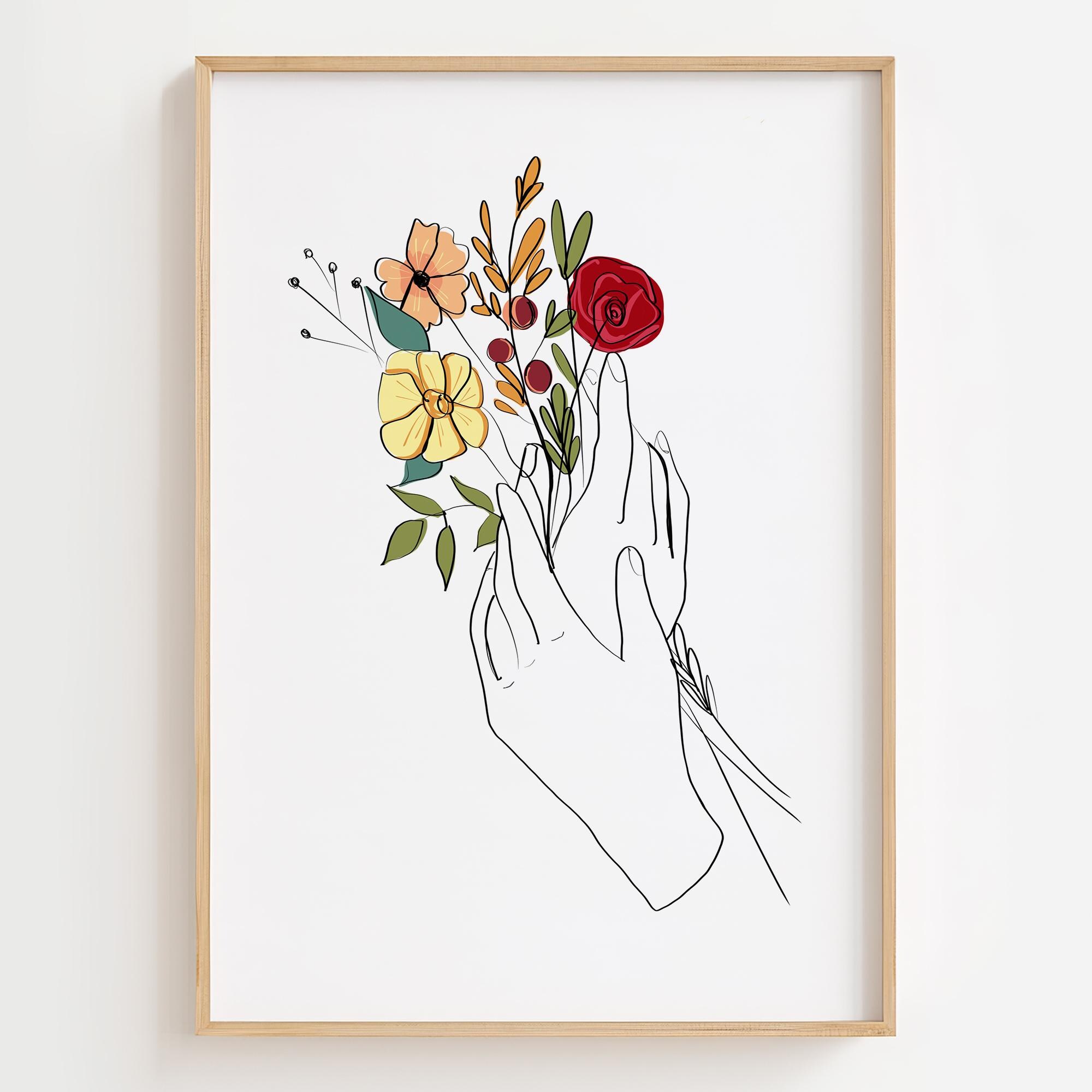 花の線画プリント：花を持つ女性の手、モダンでミニマリストな壁飾り