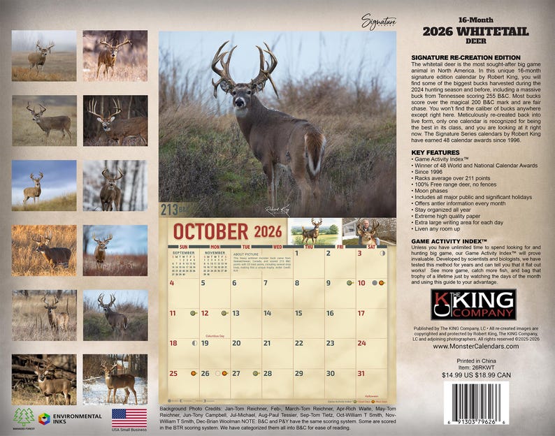 2026 Monster Whitetail Deer Wall Calendar 16-month X-large Size 14x22 ...