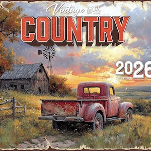 May include: A vintage-style calendar with a rustic country theme. The image features a red pickup truck, a barn, and a windmill set against a sunset backdrop. The word "COUNTRY" is prominently displayed, along with the year "2026".