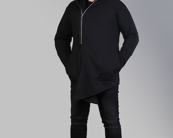 XL Men's black hoodie asymmetric