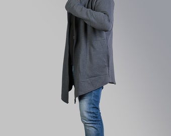 Grey men's sweatshirt with asymmetric hood