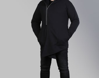 S Men's black hoodie asymmetric