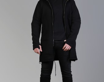 L Men's black hoodie long Coat