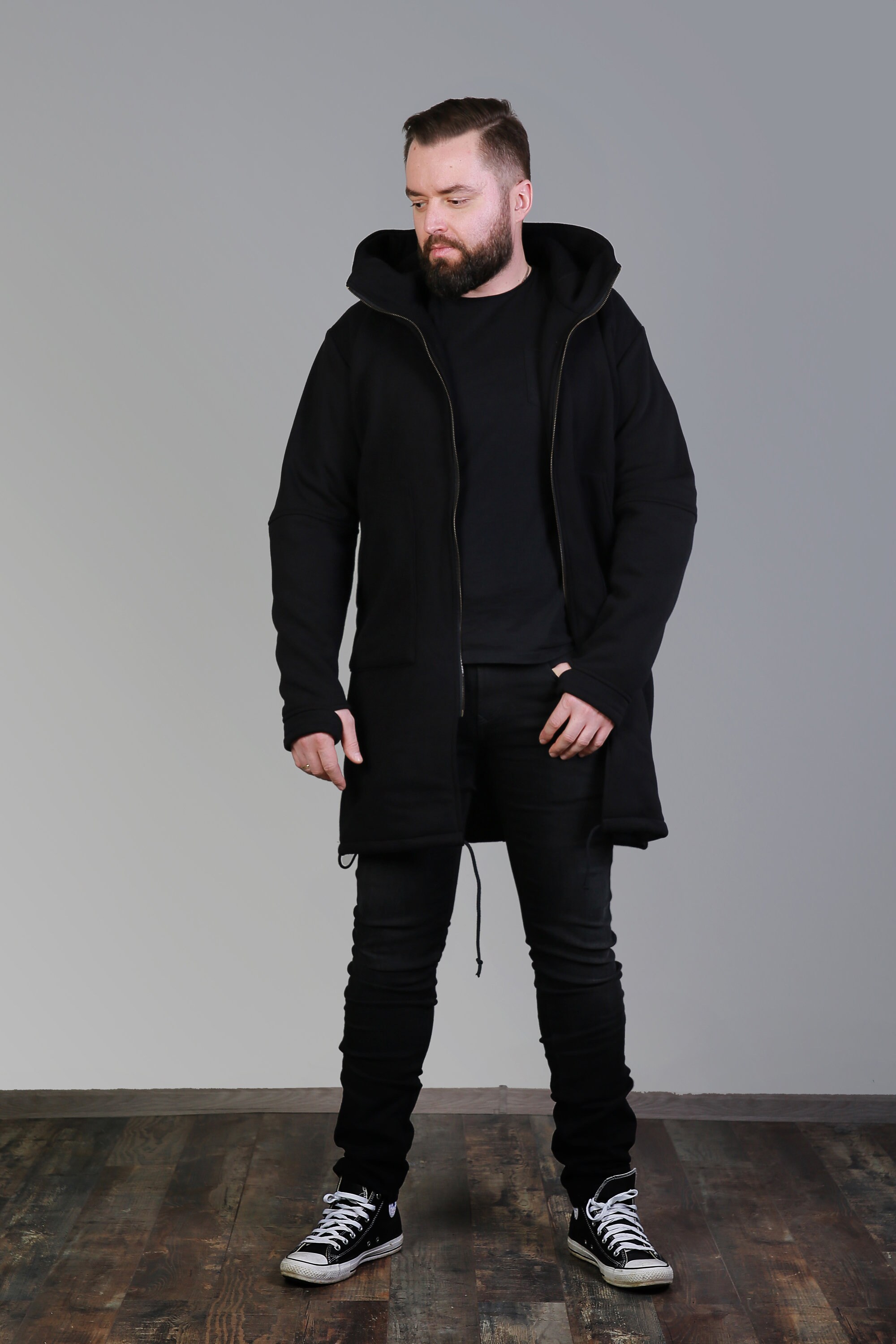 XL Men's Black Hoodie Long Coat Etsy UK