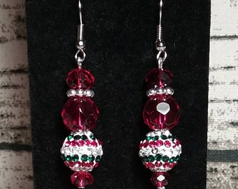 Red Glass with Red, Green, Silver Crystal Bead 1 1/2" Dangle Earrings