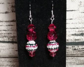 Red Glass with Red, Green, Silver Crystal Bead 2 1/2" Dangle Earrings