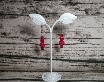 Red Glass Beads with Red Crystal Sphere Bead 1" Dangle Earrings