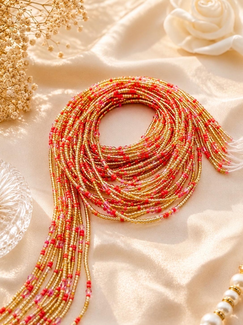 May include: A collection of multiple strands of waist beads featuring a repeating pattern of metallic gold seed beads interspersed with vibrant red and translucent pink glass beads, arranged in a coiled circular formation with loose ends.