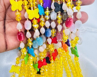 Colorful Crystal Waist Beads | Handmade Tie-On Body Jewelry | Glass Seed Beads, Butterfly Accents