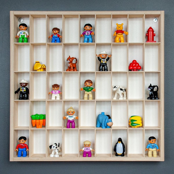 Półka na figurki Lego DUPLO / Ekspozytor na kolekcje PLAYMOBIL / Drewniana półka na małe laleczki / Garaż na samochody lego - 45szt.