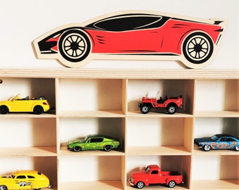 Wooden shelf for a child's room , Matchbox car shelf + GRAPHICS racing car, Garage for Hot Wheels cars, Toy car display