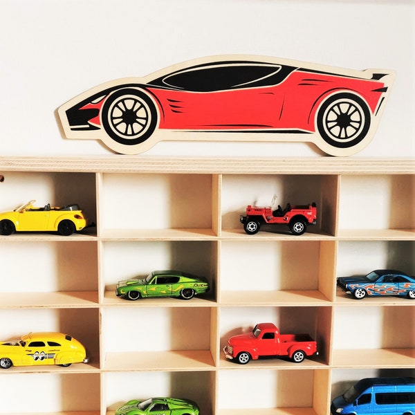 Holzregal für ein Kinderzimmer, Matchbox Autoregal + GRAPHICS Rennwagen, Garage für Hot Wheels Autos, Spielzeugauto Display