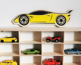 Hanging Shelf for Hot Wheels and Matchbox Cars with Racing Car Graphics - Perfect Gift for a Child and Room Organization!