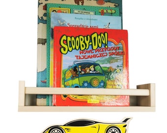 Wooden shelf for children's room, Children's wall shelf, Display bookcase with graphics of a racing car, Kindergarten shelf Montessori