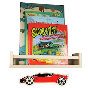 Półka na książki Auto Bookshelf do pokoju dziecięcego - zabawki Montessori, Czerwona półka na książki w kształcie samochodu, Ekspozytor do przechowywania zabawek, Naklejka ścienna, Prezent dla malucha