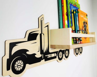 Hanging children's shelf with car graphics , Car Shaped Children's Bookshelf , Wooden Car Shelf , Toy Trailer Truck , Collectibles Display
