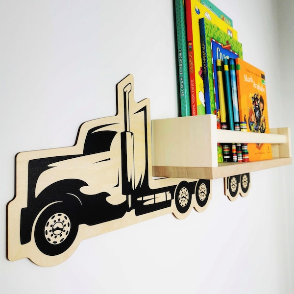 Hanging children's shelf with car graphics , Car Shaped Children's Bookshelf , Wooden Car Shelf , Toy Trailer Truck , Collectibles Display