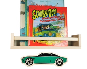 A hanging bookshelf in the shape of a car. A wooden sticker of a racing car for a boy's room. Wooden display for books and toys - HANDMADE
