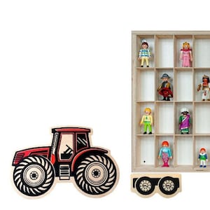 Houten tractorplank met aanhanger – 48 vakken voor speelgoed, blokken en auto’s – opberger voor wanddecoratie voor kinderen – handgemaakt - Montessorispeelgoed