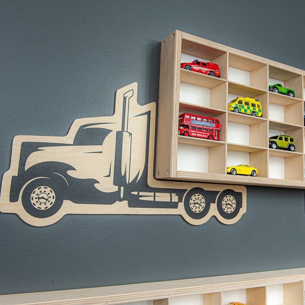 Shelf for car models - Wall mounted TRUCK , Wooden shelf for Hot Wheels display cars, Garage for Matchbox cars, Display case