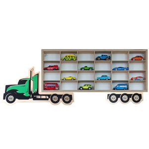 Green TRUCK - Display for small cars models , Wooden display for colections cars , Shaped Case, Wall Wooden Shelf, Car with trailer