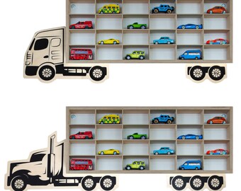 A hanging display case that looks like a truck transporting Hot Wheels cars, Dmall wall shelves for matchbox car storage, Colorful graphics