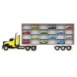 Wall mounted Yellow TRUCK - Shelf for small cars models / Wooden display for colections cars / Hanging Garage for  cars / Truck with trailer
