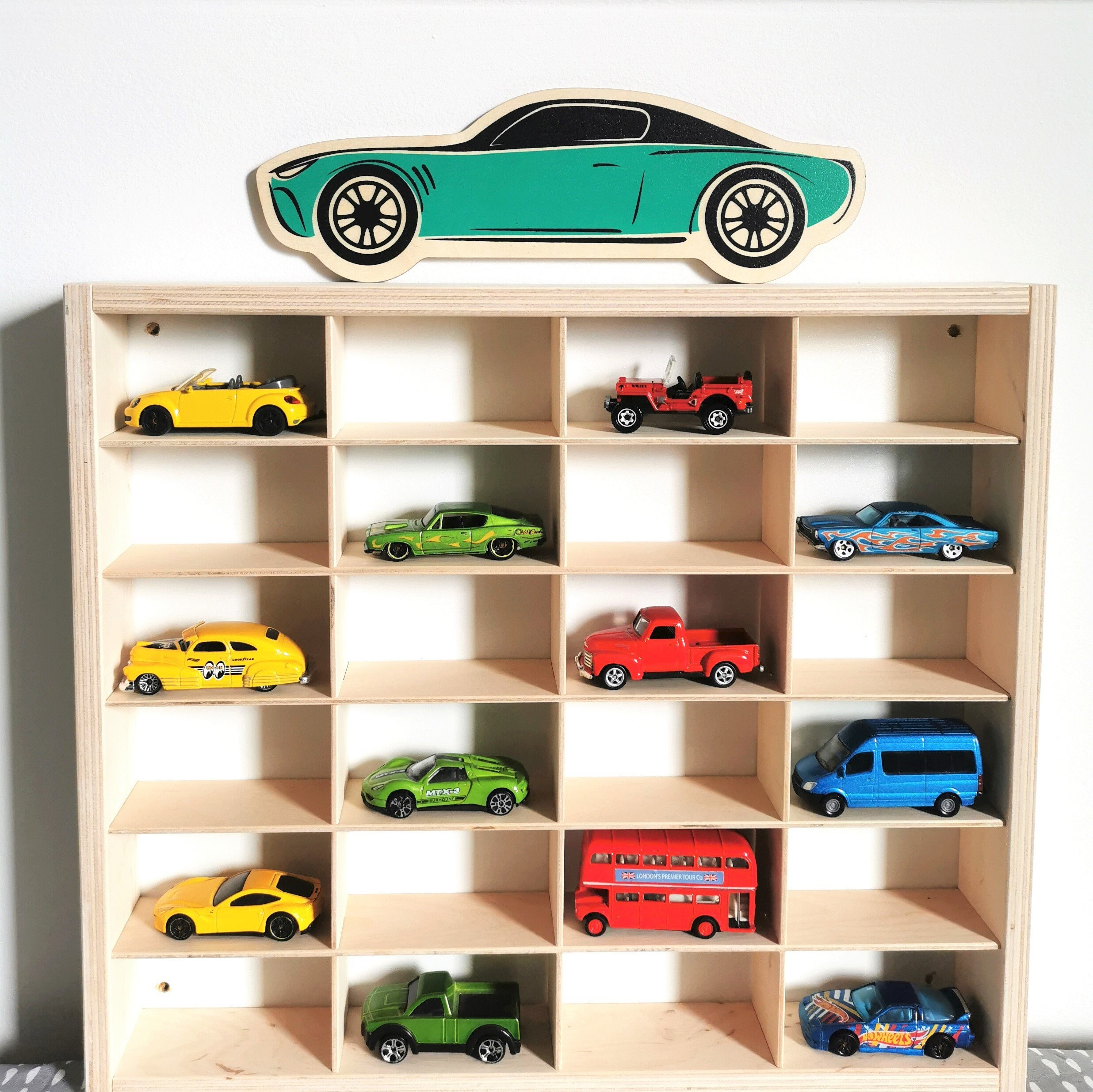 Hot Wheels Car Showcase + Race Car Graphics, Playroom Display, Matchbox Toy Shelf, Birthday Gift for Boy, 3d regal, 1/64 car wall storage