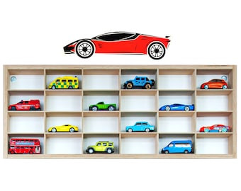 Shelf on the wall in a child's room,  Display with Racing Car Graphic , Regal for Matchbox car storage, Scale 1/64