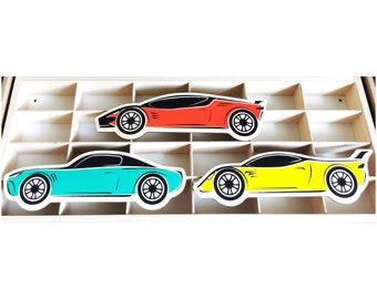 3x Car graphics and model display , Wooden Shelf for Hot Wheels car , Garage for Matchbox cars , Model stand , Order in the child's room