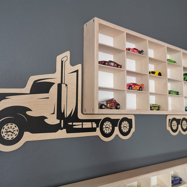 Wall mounted TRUCK - Shelf for car models / Wooden shelf for Hot Wheels cars / Garage for Matchbox cars / Truck with trailer