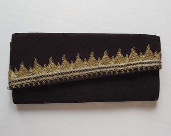 Vintage Black Fabric Clutch Purse with Gold and Silver Thread Embellishment