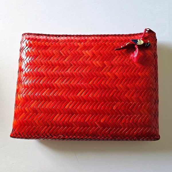 Red Woven Envelope Clutch Purse With Parrot