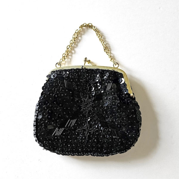 Black Beaded and Sequined Top Handle Evening Bag Purse