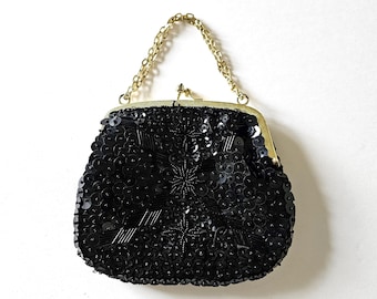 Black Beaded and Sequined Top Handle Evening Bag Purse