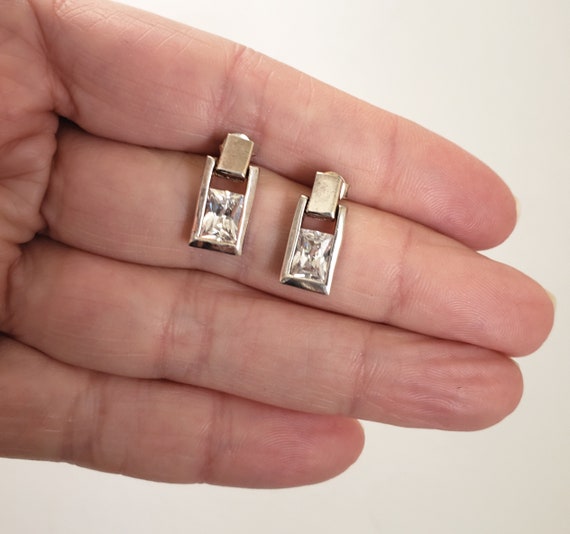 Sterling Silver Rectangular Crystal Pierced Earri… - image 3