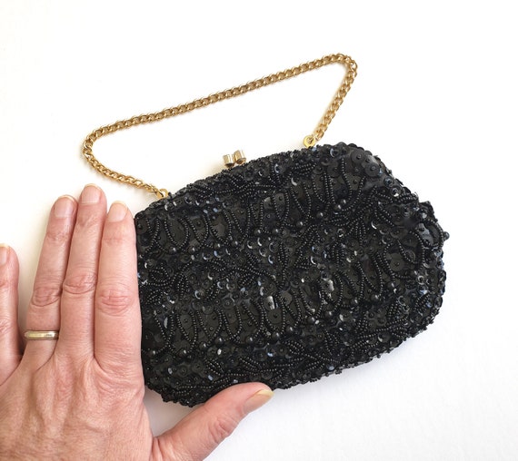 Black Beaded and Sequined Festoon Evening Bag Pur… - image 2