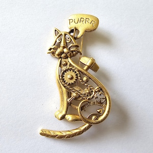 Steampunk Purring Cat Brooch Pin