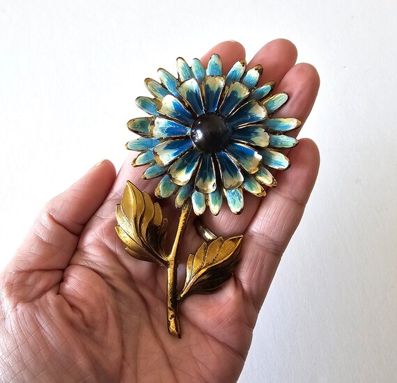 Huge Blue and White Enameled Flower Brooch pin - image 3