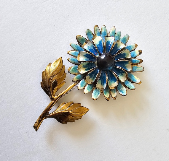 Huge Blue and White Enameled Flower Brooch pin - image 1