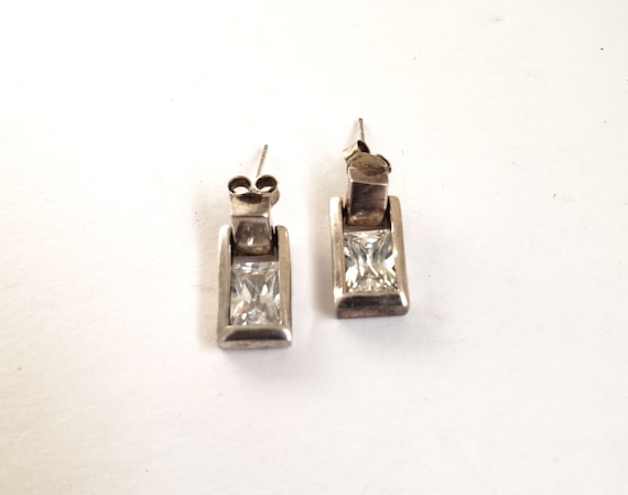 Sterling Silver Rectangular Crystal Pierced Earri… - image 1