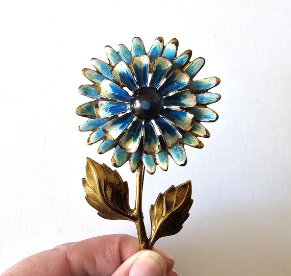 Huge Blue and White Enameled Flower Brooch pin - image 2