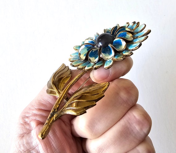 Huge Blue and White Enameled Flower Brooch pin - image 4