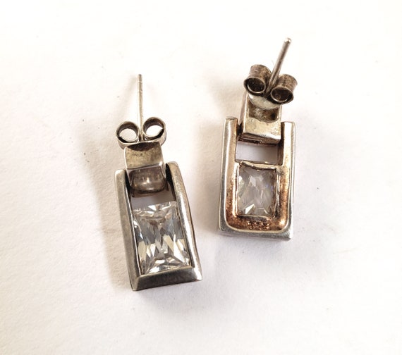Sterling Silver Rectangular Crystal Pierced Earri… - image 2