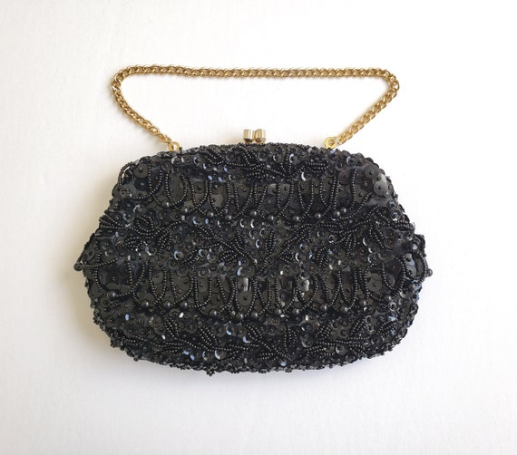 Black Beaded and Sequined Festoon Evening Bag Pur… - image 1