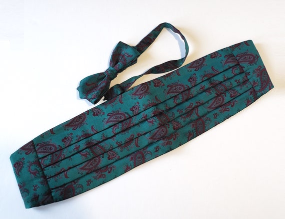 Silk Paisley Cummerbund and Bowtie Set // Green P… - image 1